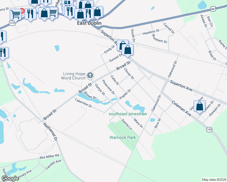 map of restaurants, bars, coffee shops, grocery stores, and more near 120 Gettys Street in East Dublin