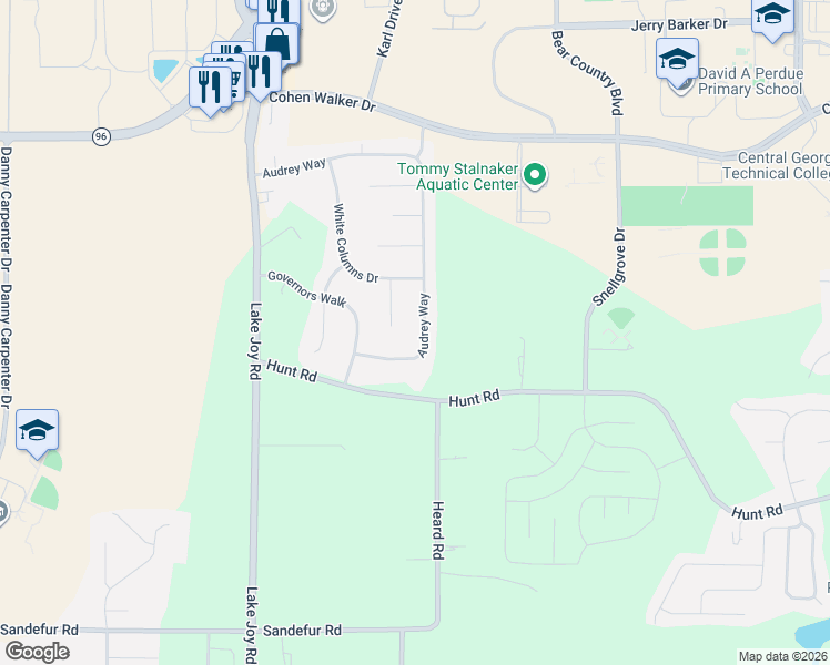map of restaurants, bars, coffee shops, grocery stores, and more near 111 Audrey Way in Kathleen