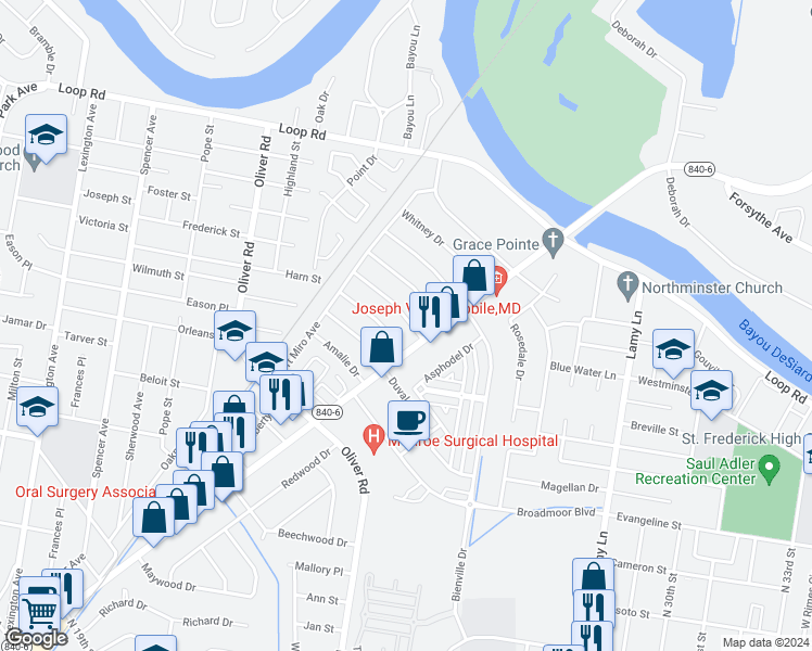 map of restaurants, bars, coffee shops, grocery stores, and more near 2307 Racine Drive in Monroe