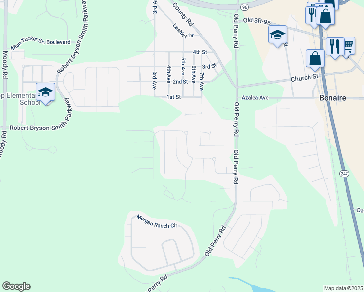 map of restaurants, bars, coffee shops, grocery stores, and more near 105 Ike Court in Warner Robins