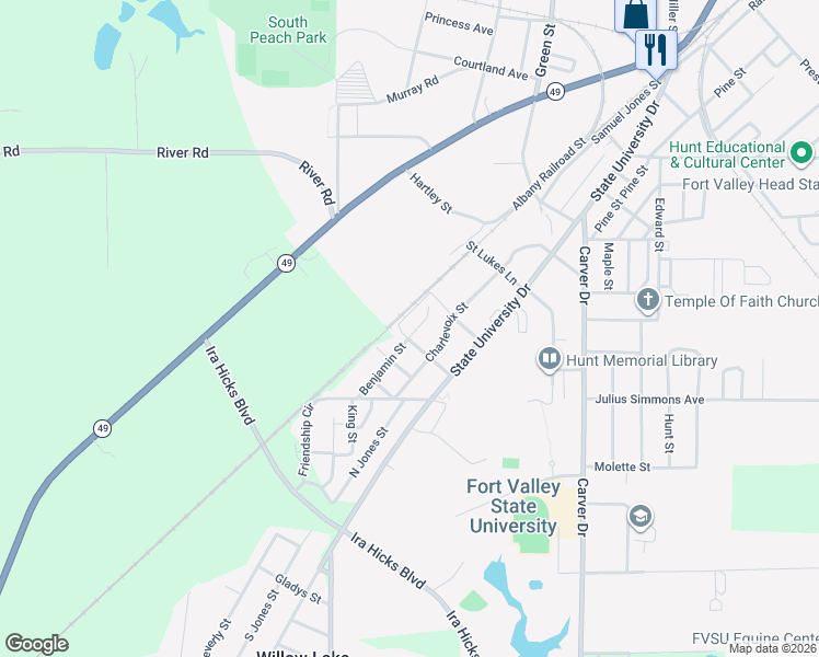 map of restaurants, bars, coffee shops, grocery stores, and more near 202 Stanley Street in Fort Valley