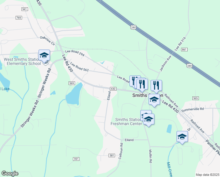 map of restaurants, bars, coffee shops, grocery stores, and more near 2 Eiland in Smiths Station