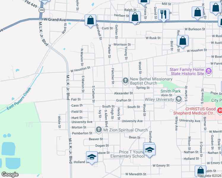 map of restaurants, bars, coffee shops, grocery stores, and more near 1900 Alexander Street in Marshall