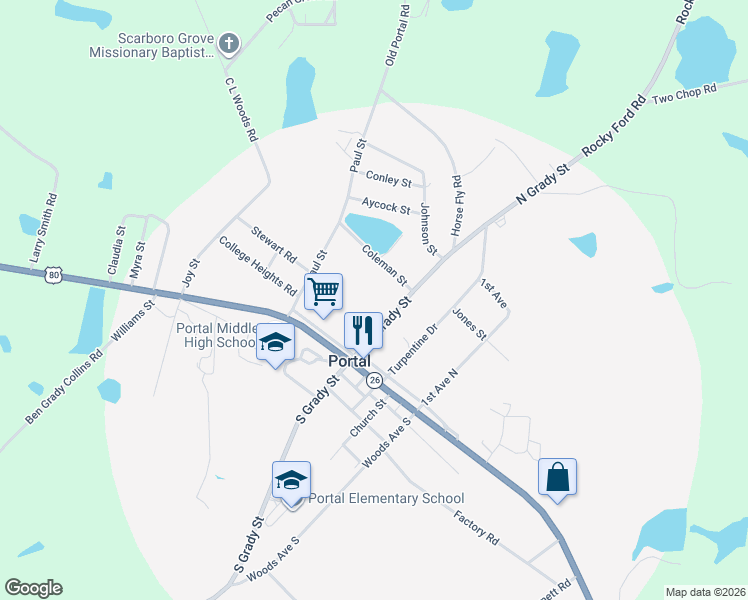 map of restaurants, bars, coffee shops, grocery stores, and more near 309 North Grady Street in Portal