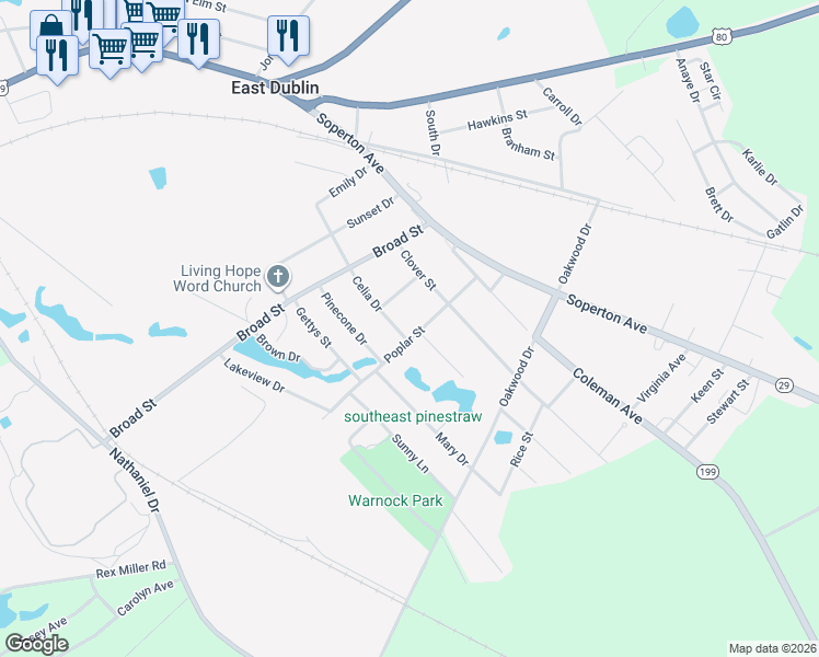 map of restaurants, bars, coffee shops, grocery stores, and more near 205 Poplar Street in East Dublin