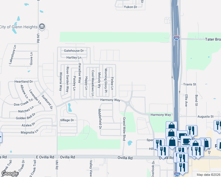 map of restaurants, bars, coffee shops, grocery stores, and more near 113 Morning Glory Place in Red Oak