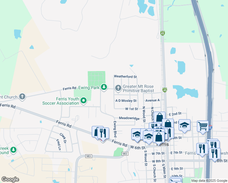 map of restaurants, bars, coffee shops, grocery stores, and more near 715 Ferris Road in Ferris