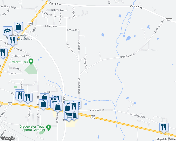 map of restaurants, bars, coffee shops, grocery stores, and more near 1606 Shell Camp Road in Gladewater