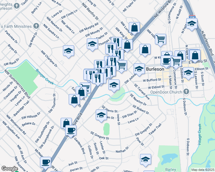 map of restaurants, bars, coffee shops, grocery stores, and more near 301 Southwest Wilshire Boulevard in Burleson