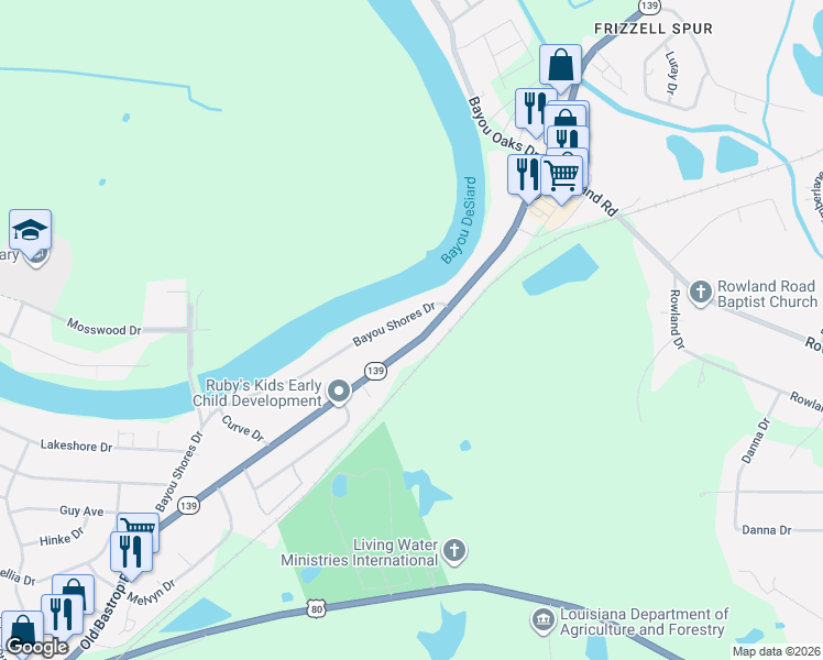 map of restaurants, bars, coffee shops, grocery stores, and more near 745 Bayou Shores Dr in Monroe