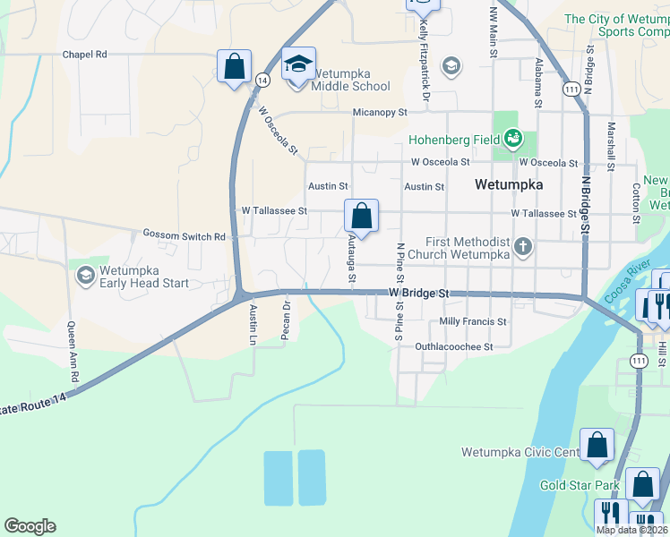 map of restaurants, bars, coffee shops, grocery stores, and more near 205 Autauga Street in Wetumpka