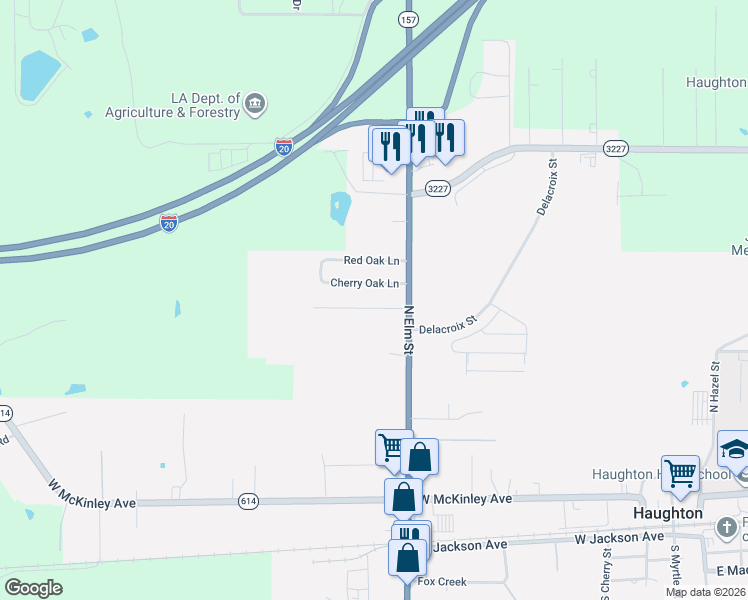 map of restaurants, bars, coffee shops, grocery stores, and more near 411 Cherry Oak Lane in Haughton