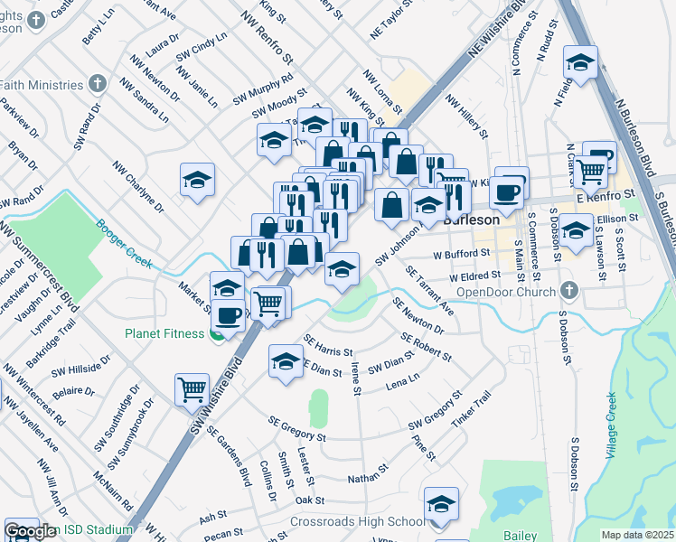 map of restaurants, bars, coffee shops, grocery stores, and more near 124 Northwest Newton Drive in Burleson