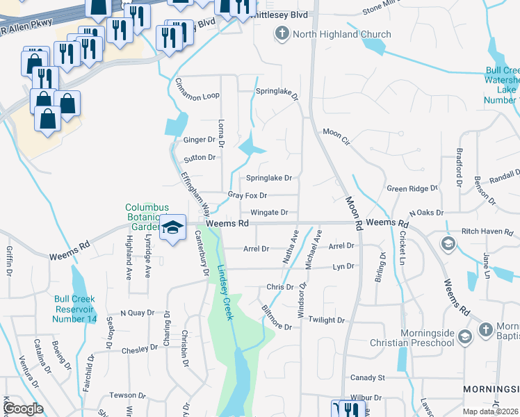 map of restaurants, bars, coffee shops, grocery stores, and more near 3813 Wingate Drive in Columbus