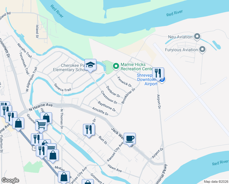map of restaurants, bars, coffee shops, grocery stores, and more near 1137 Englemeade Drive in Shreveport