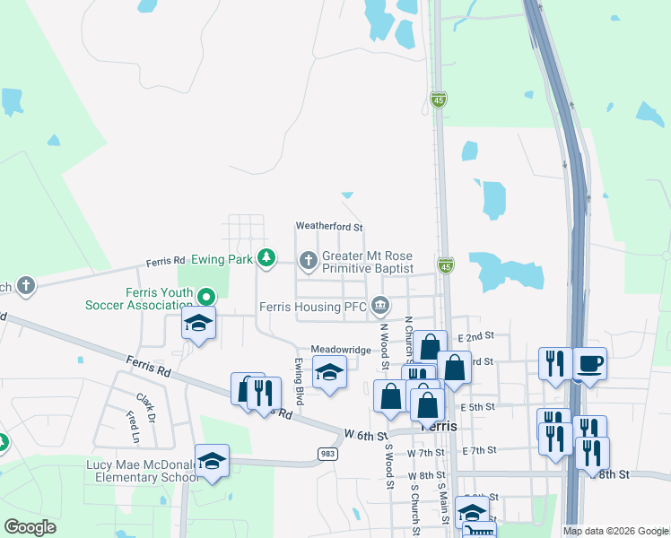 map of restaurants, bars, coffee shops, grocery stores, and more near 803 Maple Street in Ferris