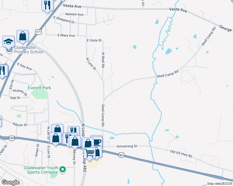 map of restaurants, bars, coffee shops, grocery stores, and more near 1613 Shell Camp Road in Gladewater
