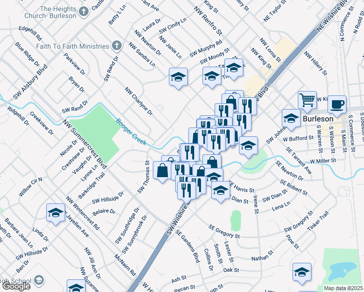 map of restaurants, bars, coffee shops, grocery stores, and more near 264 Exchange Street in Burleson