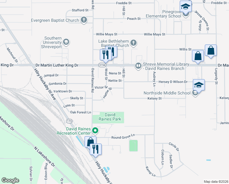 map of restaurants, bars, coffee shops, grocery stores, and more near 2962 Hattie Street in Shreveport