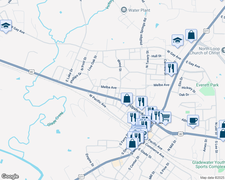 map of restaurants, bars, coffee shops, grocery stores, and more near 700 Melba Avenue in Gladewater