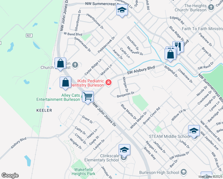map of restaurants, bars, coffee shops, grocery stores, and more near 1016 Tyler James Drive in Burleson