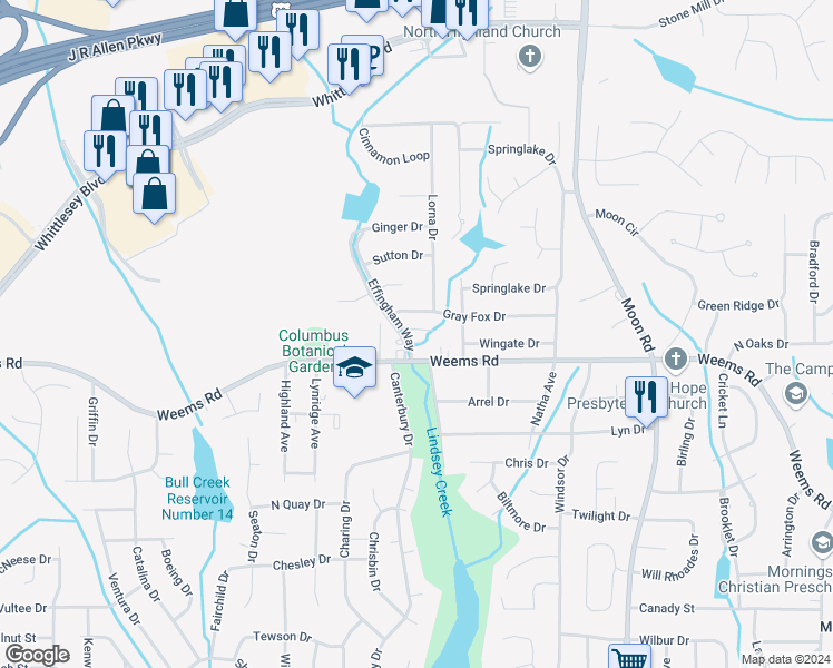 map of restaurants, bars, coffee shops, grocery stores, and more near 3 Effingham Court in Columbus