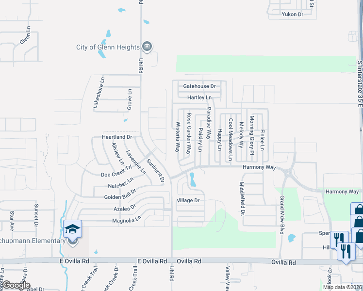 map of restaurants, bars, coffee shops, grocery stores, and more near 300 Wisteria Way in Red Oak