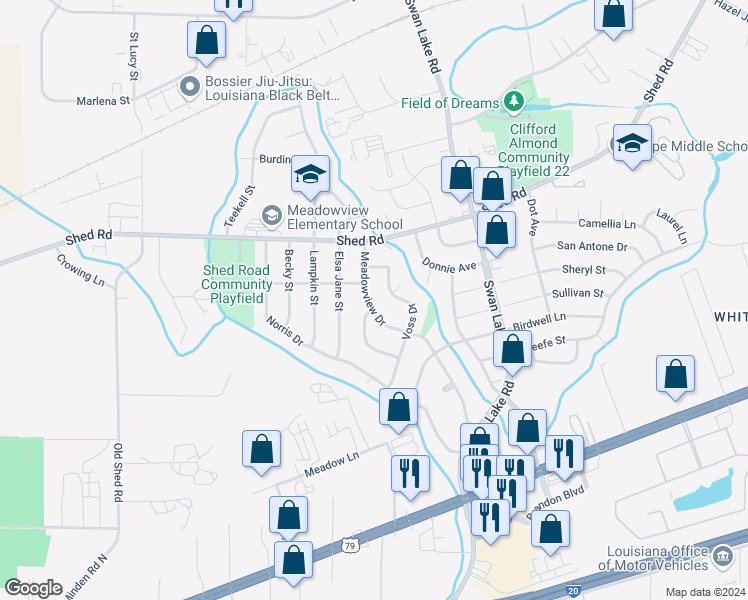 map of restaurants, bars, coffee shops, grocery stores, and more near 1300 Meadowview Drive in Bossier City