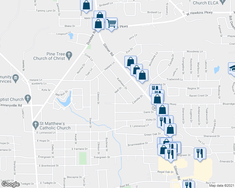 map of restaurants, bars, coffee shops, grocery stores, and more near 3013 Cook Lane in Longview