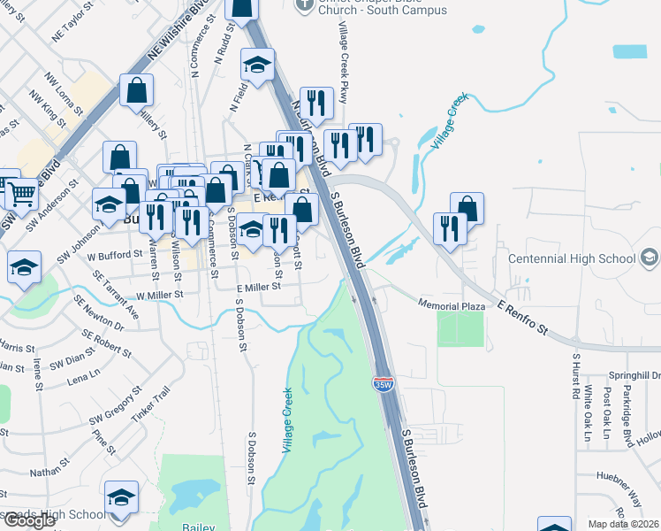 map of restaurants, bars, coffee shops, grocery stores, and more near 319 East Miller Street in Burleson