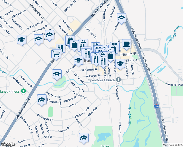 map of restaurants, bars, coffee shops, grocery stores, and more near 197 West Bufford Street in Burleson