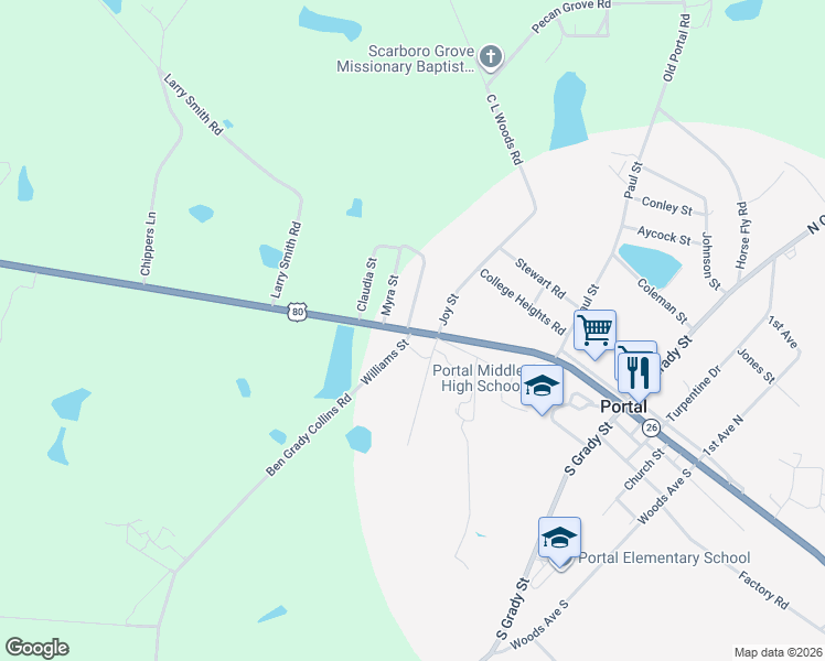 map of restaurants, bars, coffee shops, grocery stores, and more near 104 Roundtree Street in Portal