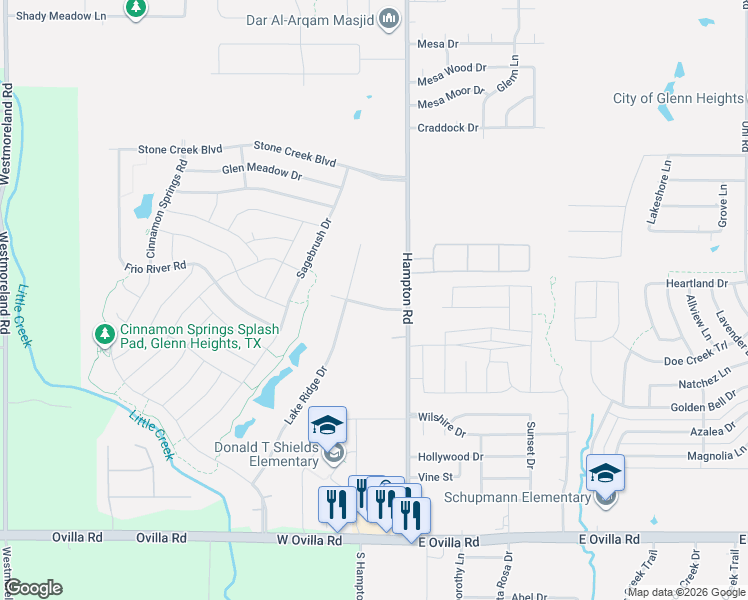 map of restaurants, bars, coffee shops, grocery stores, and more near 2406 Lake Ridge Road in Glenn Heights