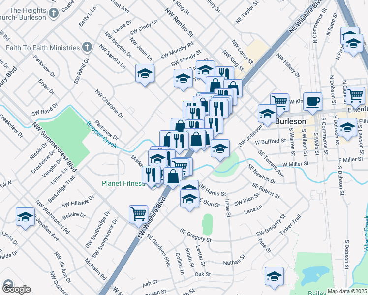 map of restaurants, bars, coffee shops, grocery stores, and more near 324 Southwest Wilshire Boulevard in Burleson