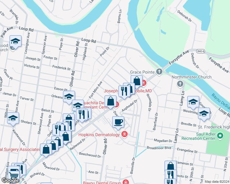 map of restaurants, bars, coffee shops, grocery stores, and more near 2311 Racine Drive in Monroe