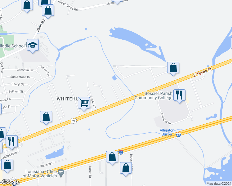 map of restaurants, bars, coffee shops, grocery stores, and more near 5901 East Texas Street in Bossier City