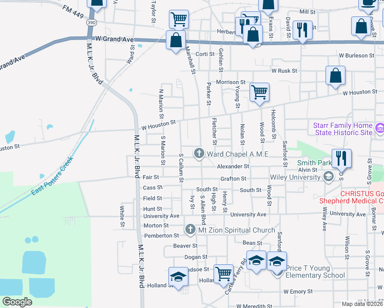 map of restaurants, bars, coffee shops, grocery stores, and more near 401 South Allen Boulevard in Marshall