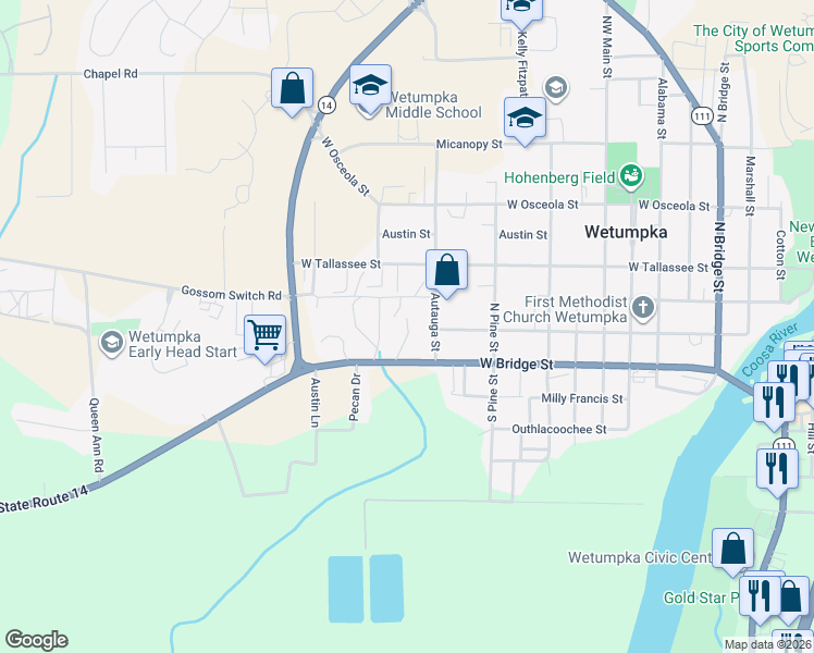map of restaurants, bars, coffee shops, grocery stores, and more near 205 Autauga Street in Wetumpka