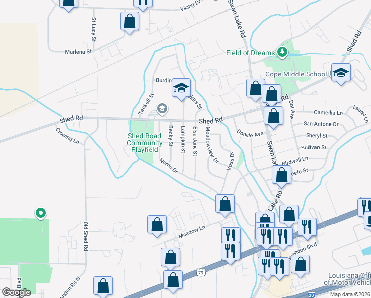 map of restaurants, bars, coffee shops, grocery stores, and more near 1222 Lampkin Street in Bossier City