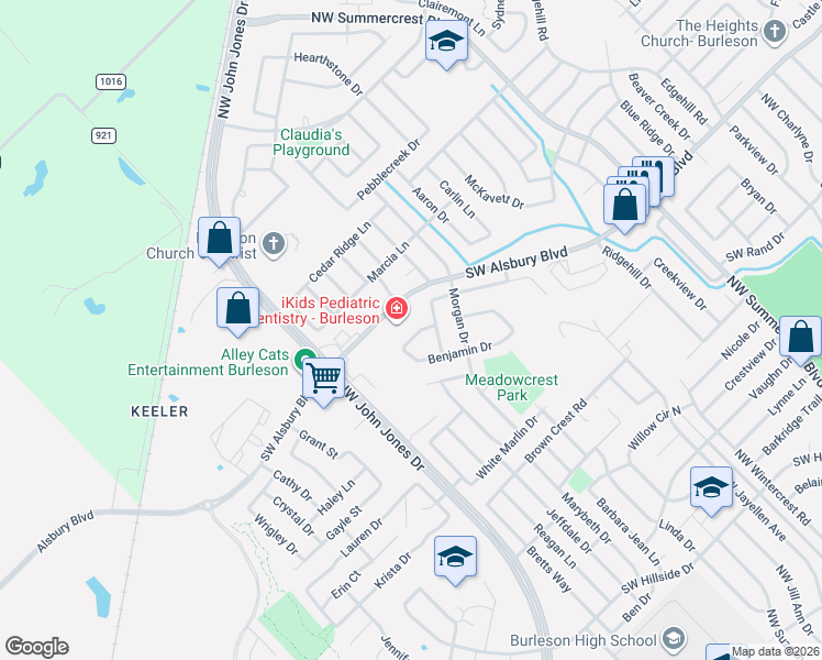 map of restaurants, bars, coffee shops, grocery stores, and more near 849 Adams Drive in Burleson