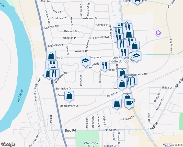 map of restaurants, bars, coffee shops, grocery stores, and more near 2507 Plantation Drive in Bossier City
