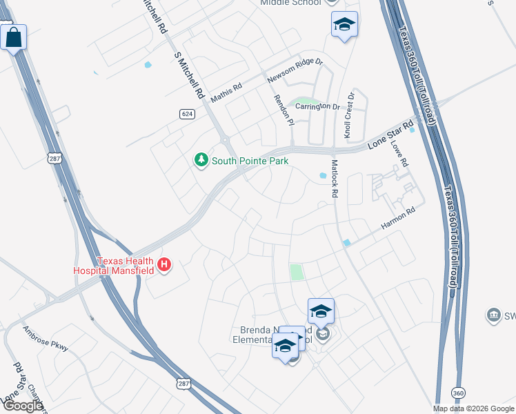 map of restaurants, bars, coffee shops, grocery stores, and more near 1503 South Mitchell Road in Mansfield