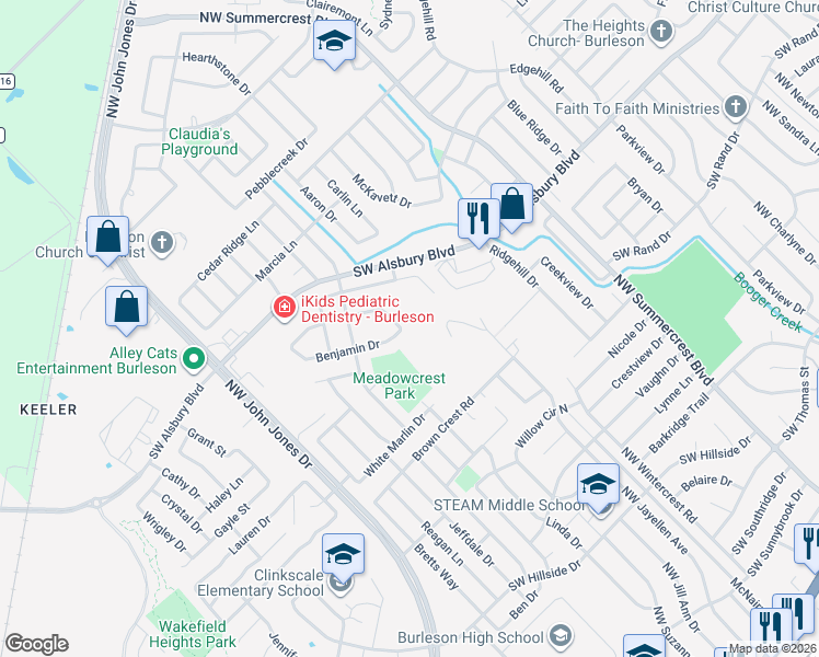 map of restaurants, bars, coffee shops, grocery stores, and more near 801 Joshua Drive in Burleson
