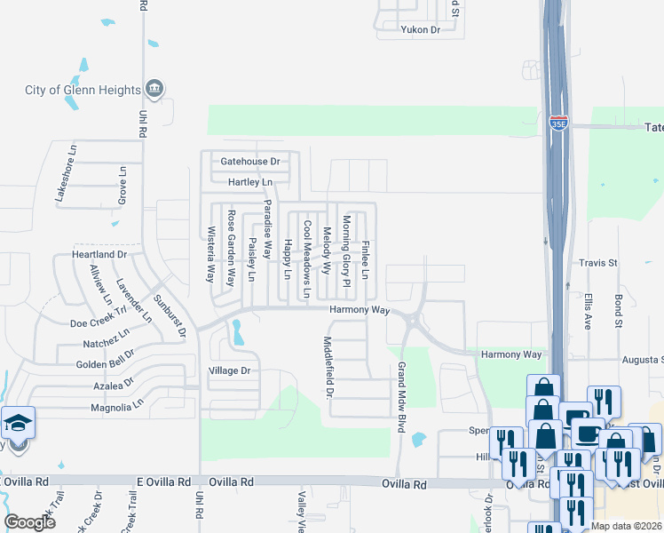 map of restaurants, bars, coffee shops, grocery stores, and more near 1600 Uhl Road in Red Oak