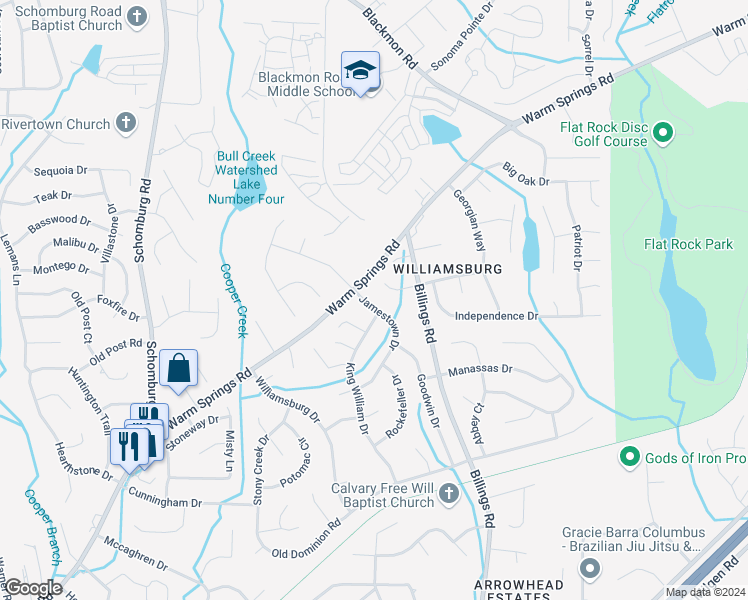 map of restaurants, bars, coffee shops, grocery stores, and more near 5754 Jamestown Drive in Columbus