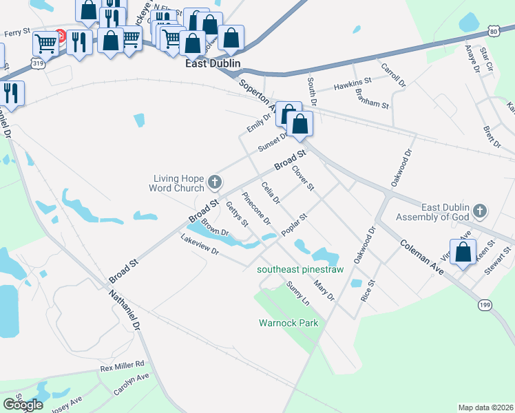 map of restaurants, bars, coffee shops, grocery stores, and more near 106 Pinecone Drive in East Dublin