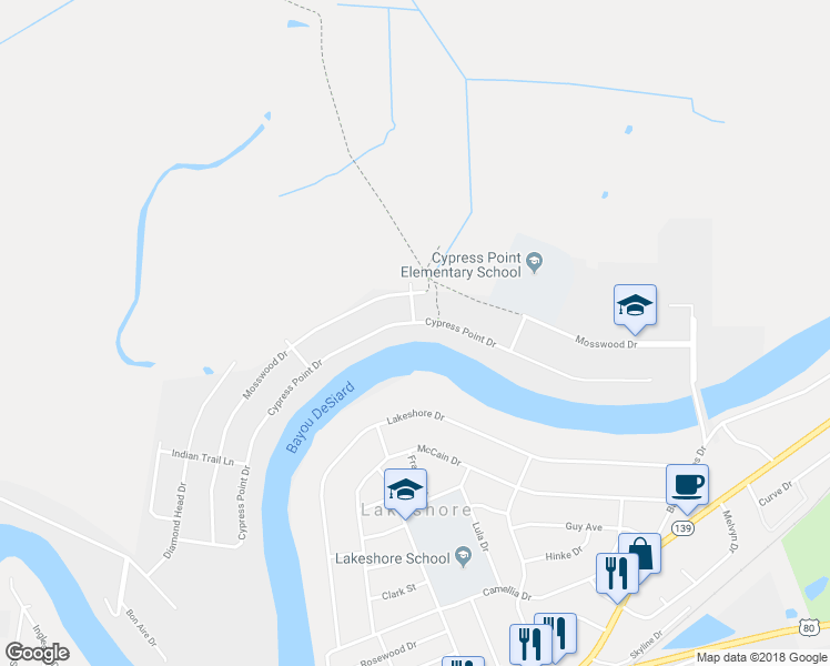 map of restaurants, bars, coffee shops, grocery stores, and more near 6600 Cypress Point Drive in Monroe