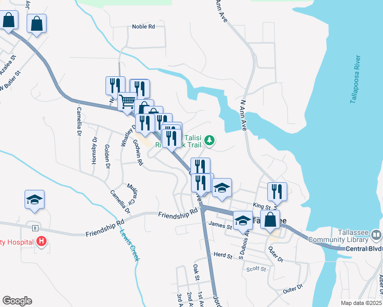 map of restaurants, bars, coffee shops, grocery stores, and more near 505 Eubanks Street in Tallassee