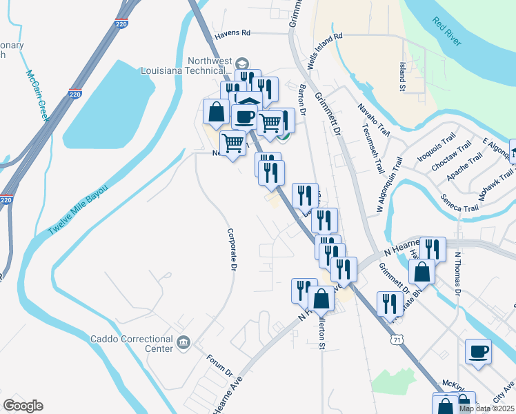 map of restaurants, bars, coffee shops, grocery stores, and more near 1733 North Market Street in Shreveport