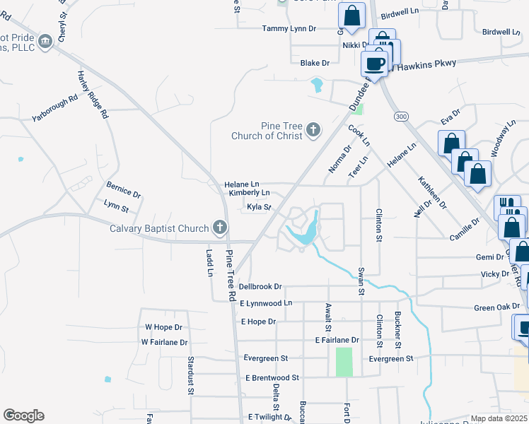 map of restaurants, bars, coffee shops, grocery stores, and more near 213 Kyla Street in Longview